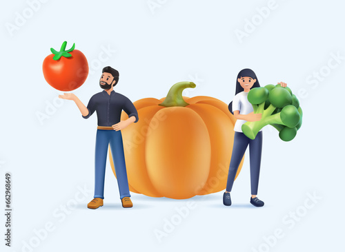 Healthy eating illustration set. Characters cooking fresh salad and other healthy meals from fresh vegetables and fruits