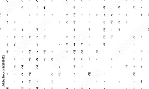 Seamless background pattern of evenly spaced black indian rupee symbols of different sizes and opacity. Illustration on transparent background