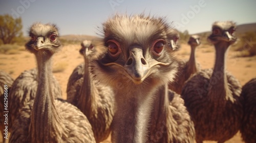 Group of Emu birds in the wild portrat. © Nairobi 
