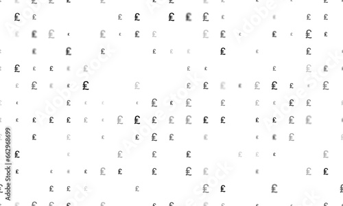 Seamless background pattern of evenly spaced black lira symbols of different sizes and opacity. Illustration on transparent background