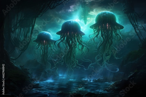 Luminescent jellyfish guardians, illuminating the depths of the ocean with their glow - Generative AI © Sidewaypics