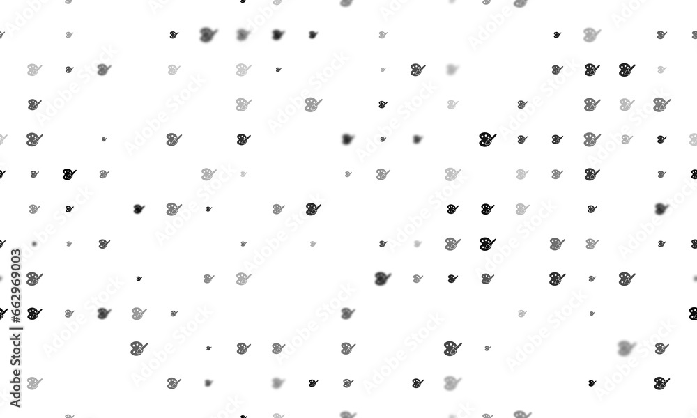Seamless background pattern of evenly spaced black palette symbols of different sizes and opacity. Illustration on transparent background