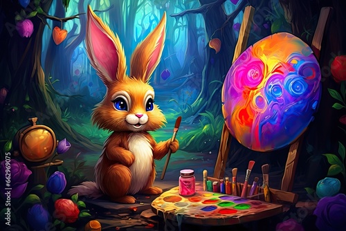 Joyful Easter Bunny Clipart: Painting a Vibrant Large Easter Egg with Colors, generative AI