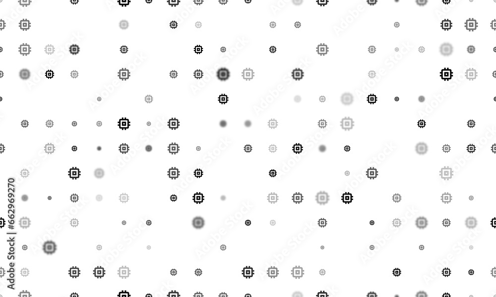 Seamless background pattern of evenly spaced black chip symbols of different sizes and opacity. Illustration on transparent background
