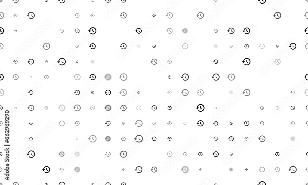 Seamless background pattern of evenly spaced black time back symbols of different sizes and opacity. Illustration on transparent background