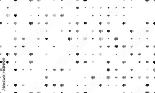 Seamless background pattern of evenly spaced black thumb down symbols of different sizes and opacity. Vector illustration on white background