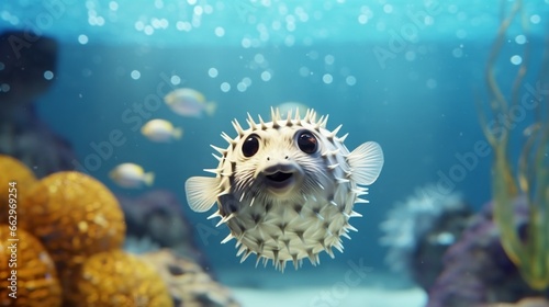 Pufferfish in the aquarium. Underwater world. 3d rendering