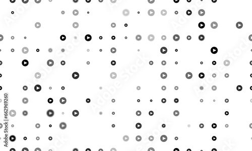 Seamless background pattern of evenly spaced black play symbols of different sizes and opacity. Vector illustration on white background