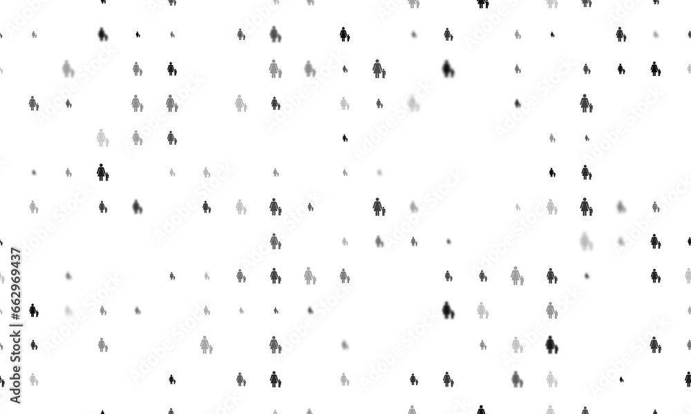 Seamless background pattern of evenly spaced black woman with child symbols of different sizes and opacity. Illustration on transparent background