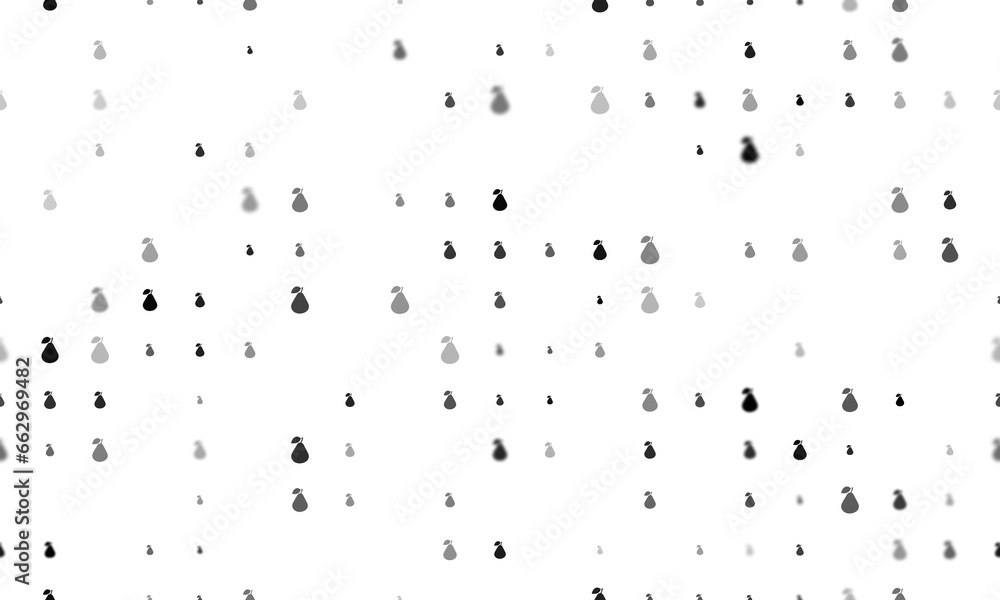 Seamless background pattern of evenly spaced black pear symbols of different sizes and opacity. Illustration on transparent background