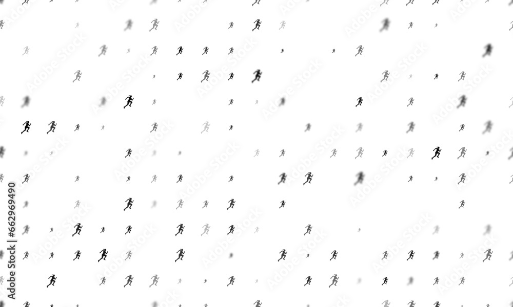 Seamless background pattern of evenly spaced black running woman symbols of different sizes and opacity. Vector illustration on white background