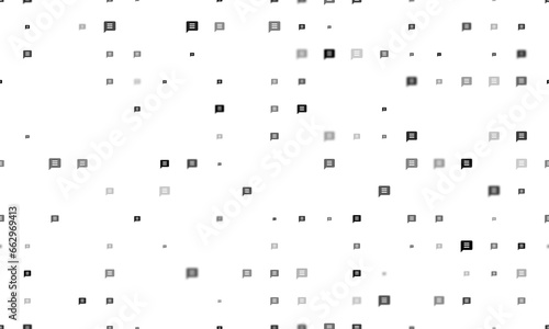 Seamless background pattern of evenly spaced black chat symbols of different sizes and opacity. Illustration on transparent background