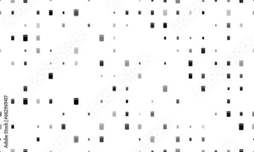 Seamless background pattern of evenly spaced black trash symbols of different sizes and opacity. Vector illustration on white background