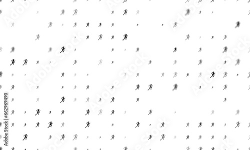 Seamless background pattern of evenly spaced black running woman symbols of different sizes and opacity. Vector illustration on white background