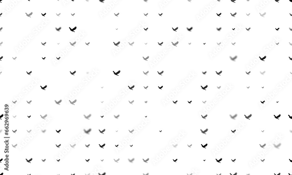 Seamless background pattern of evenly spaced black eagle symbols of different sizes and opacity. Illustration on transparent background