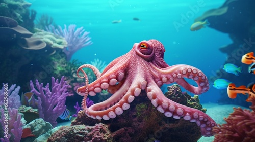 Underwater world. Octopus. corals Ai generated image.
