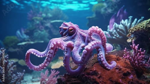 Underwater world. Octopus. corals Ai generated image.