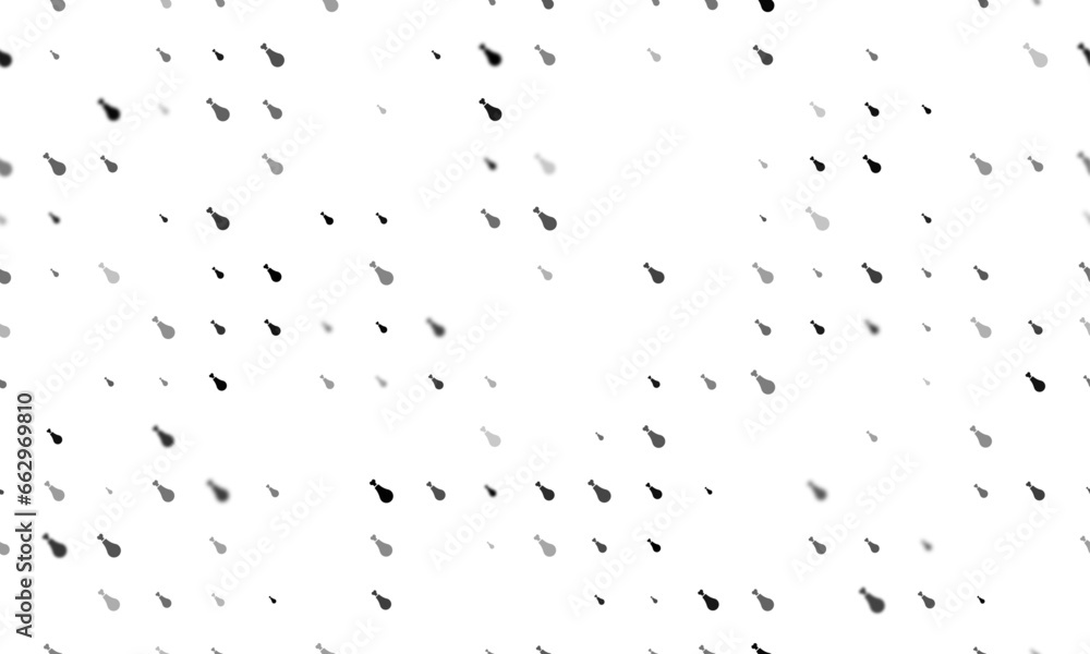 Seamless background pattern of evenly spaced black chicken's leg symbols of different sizes and opacity. Vector illustration on white background