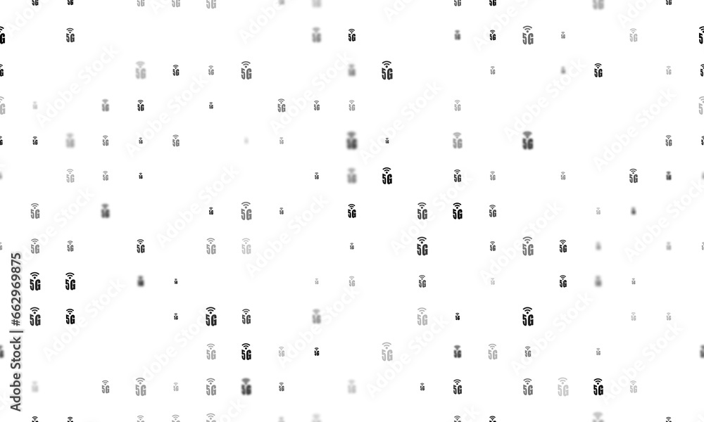 Seamless background pattern of evenly spaced black 5G symbols of different sizes and opacity. Illustration on transparent background