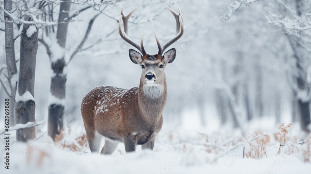 A Siberian deer in a winter landscape, its fur adapted to the snowy environment, creating a serene and picturesque scene captured by the HD camera. A Siberian deer in a winter landscape, its fur adapted to the snowy environment, creating a serene and picturesque scene captured by the HD camera.