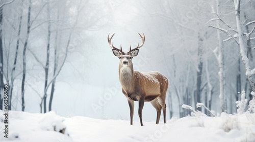 A Siberian deer in a snow-covered landscape, the camera capturing the elegant contrast of its fur against the white backdrop, creating a winter wonderland scene. © Nairobi 