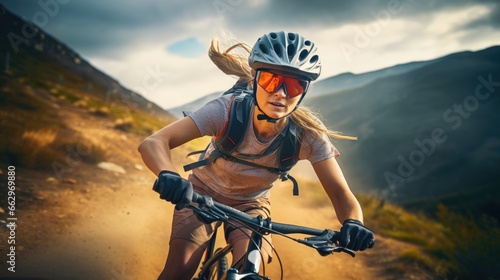 Young woman riding bicycle on mountain trail, cyclist on sports bike photo