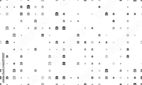 Seamless background pattern of evenly spaced black bank symbols of different sizes and opacity. Illustration on transparent background