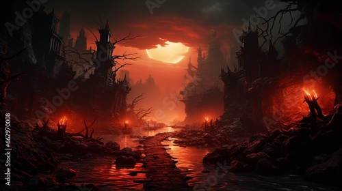 A depiction of hell with stone gates  exuding an eerie and unsettling ambiance.
