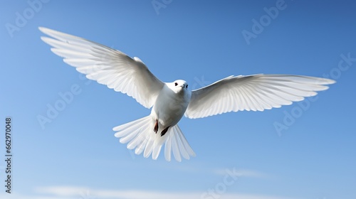 A White Tern in flight against a clear sky, the camera capturing the bird's graceful wingspan and pristine plumage in exquisite detail.