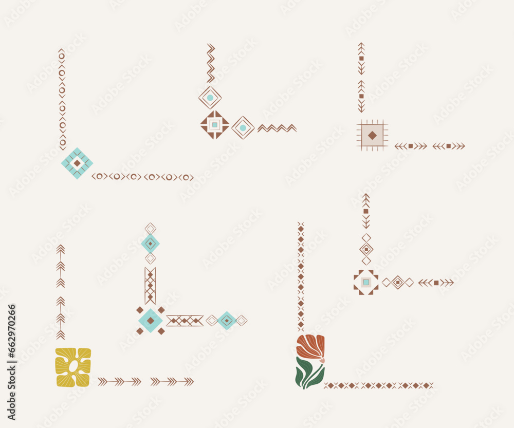 Aztec ethnic vector decorative corner set with native American tribal elements Aztec ethnic vector decorative corner set with native American tribal elements