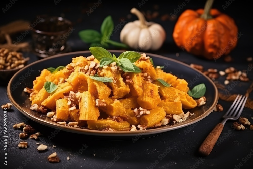 Traditional Italian pumpkin pasta with nuts Traditional Italian pumpkin pasta with nuts