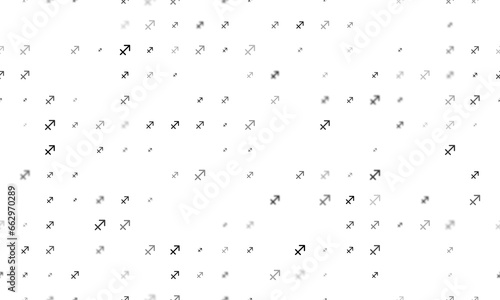 Seamless background pattern of evenly spaced black zodiac sagittarius symbols of different sizes and opacity. Illustration on transparent background