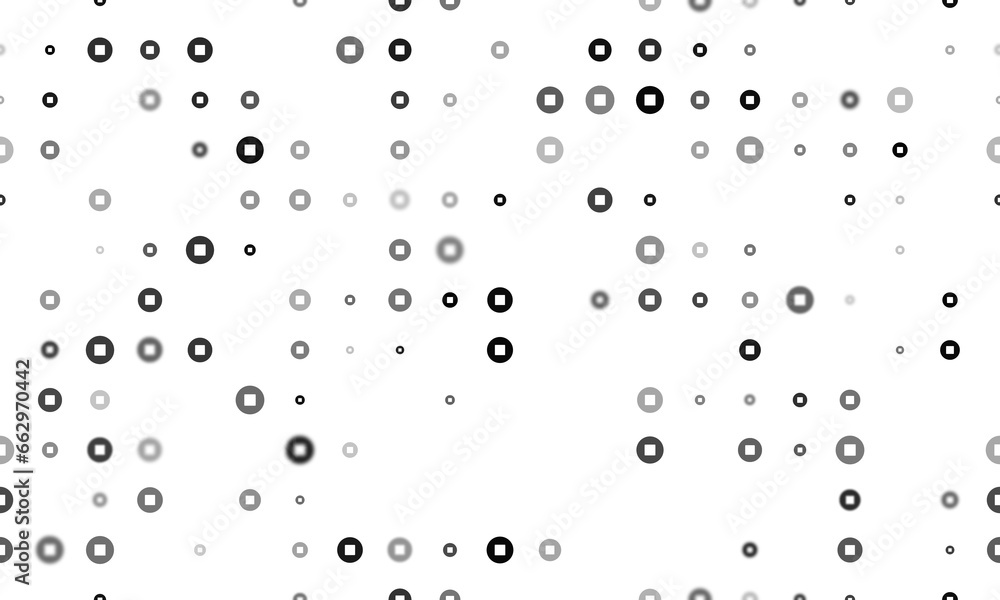 Seamless background pattern of evenly spaced black stop media symbols of different sizes and opacity. Illustration on transparent background