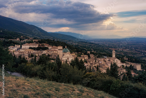 Evening panorama of the magnificent Umbrian city of Assisi.
