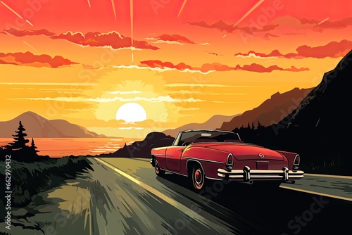 Classic Red Convertible Car Clip Art: Cruising Coastal Highway at Sunset, generative AI