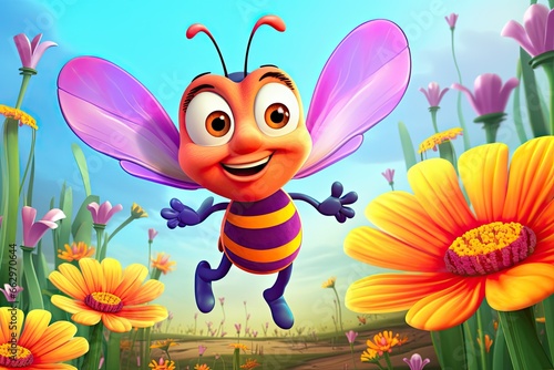 Cartoon Bee Buzzing in a Cheerful Spring Scene, Collecting Nectar from Blooming Flowers in a Field, generative AI