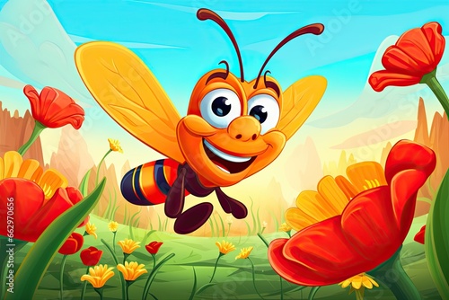 Cartoon Bee Buzzing Around Blooming Flowers  Spring Scene with Cheerful Nectar Collection  generative AI