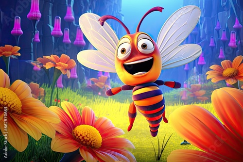 Cartoon Bee Buzzing around a Vibrant Flower Garden Collecting Nectar from Colorful Blossoms  generative AI