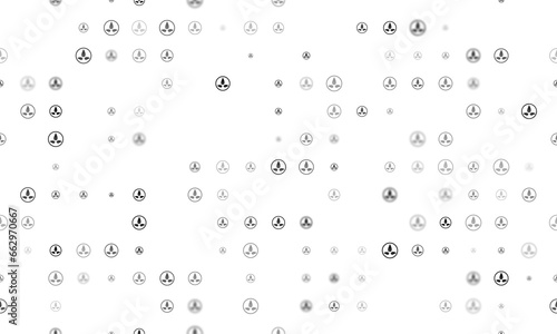 Seamless background pattern of evenly spaced black ecology symbols of different sizes and opacity. Illustration on transparent background