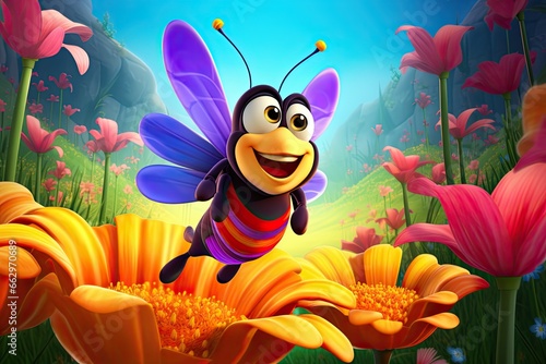 Cartoon Bee Collecting Nectar  Buzzing Through Colorful Blossoms in a Vibrant Flower Garden  generative AI