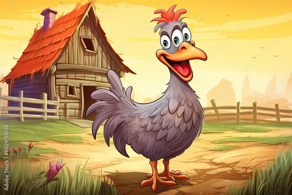 Cartoon Chicken Strutting in Farmyard: Pecking at Grains, with Barn and Haystack Backdrop, generative AI