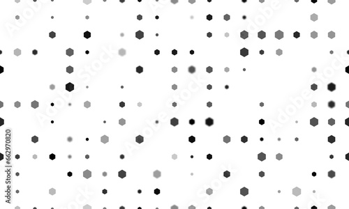 Seamless background pattern of evenly spaced black hexagon symbols of different sizes and opacity. Illustration on transparent background