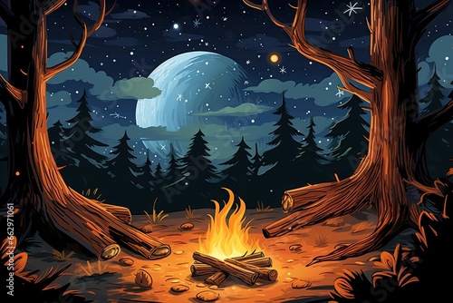 Cartoon Fire: Dancing Flames and Crackling Logs in a Cozy Campfire Setting under the Starry Night, generative AI photo