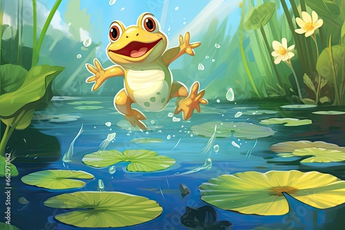 Cartoon Frog Leaping Energetically  Lily Pad Jumping  Splash of Water on Quiet Pond  generative AI