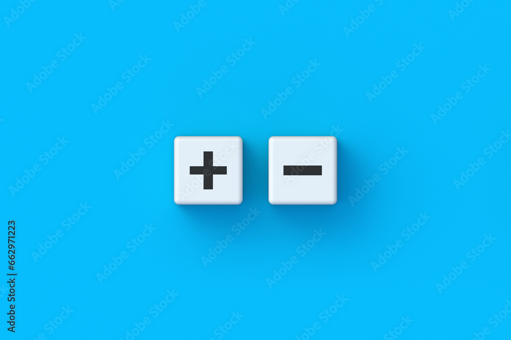Plus and minus symbol on cubes. Choice concept. Budget size. Increase or decrease. Control over profits and losses. Management of risks. Positive or negative review. Business regulation. 3d render Plus and minus symbol on cubes. Choice concept. Budget size. Increase or decrease. Control over profits and losses. Management of risks. Positive or negative review. Business regulation. 3d render