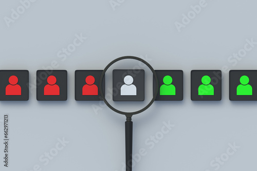 Search for talent. Employee of the month. Hiring or firing concept. Employment agency. Queue for work. Personnel selection. Human icons on buttons near magnifier. 3d render