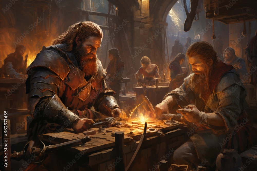 Loyal dwarven blacksmiths crafting mighty weapons - Generative AI
