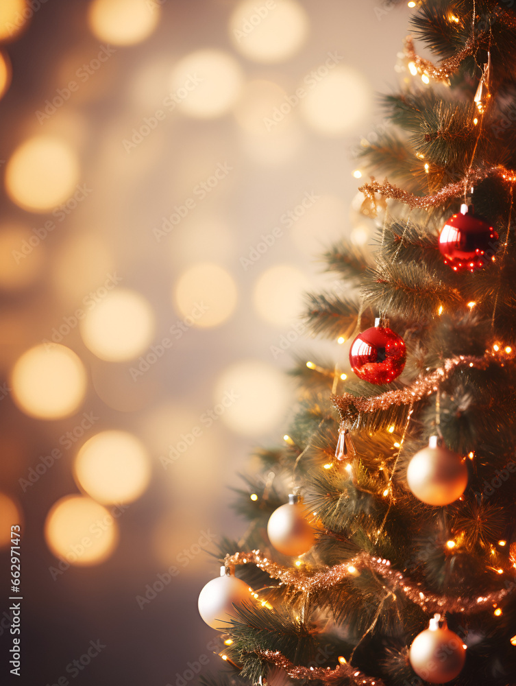 Christmas tree with ornaments, blurred background with lights and space for text