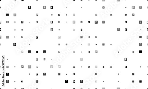 Seamless background pattern of evenly spaced black road parking signs of different sizes and opacity. Illustration on transparent background