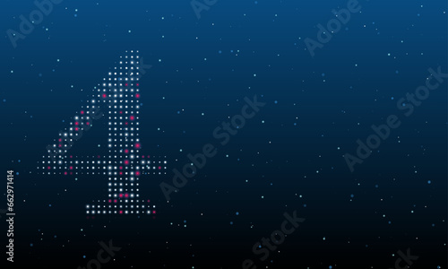 On the left is the number four symbol filled with white dots. Background pattern from dots and circles of different shades. Vector illustration on blue background with stars